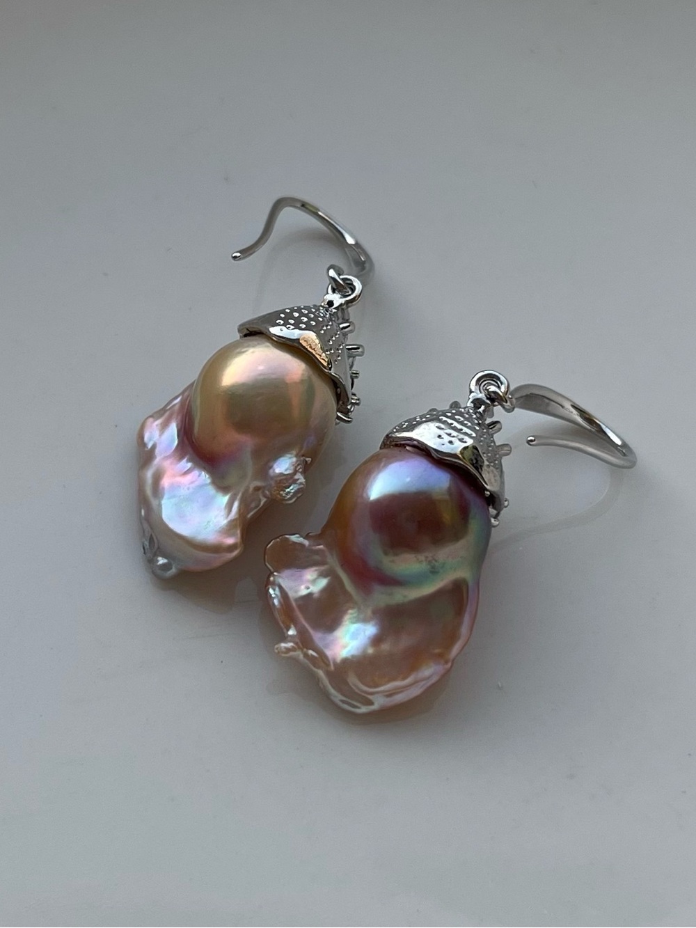 Baroque Pearl Drop Earrings in Iridescent Pink with Silver Accents 46